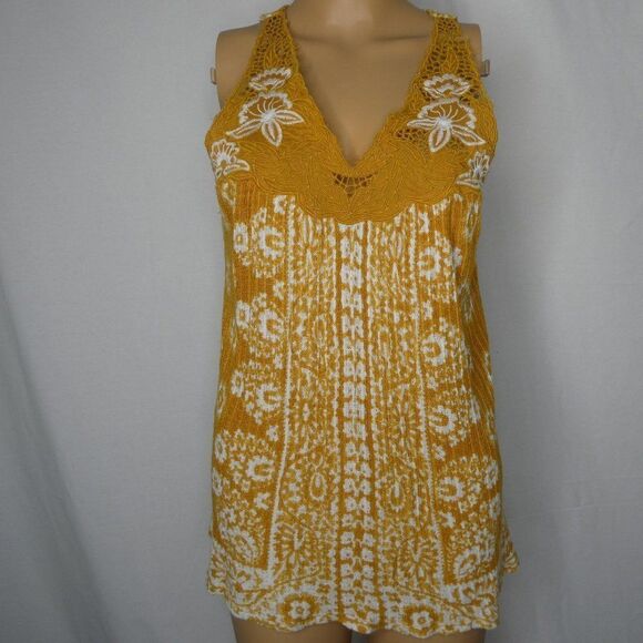 Lucky Brand Floral Lace Yolk Tank Top Mustard Small Marigold Boho Blouse - Picture 2 of 8